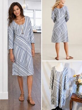 Soft Surroundings Sonya Linen Blend Dress Blue Cream Stripe Coastal Pockets ~L🧡